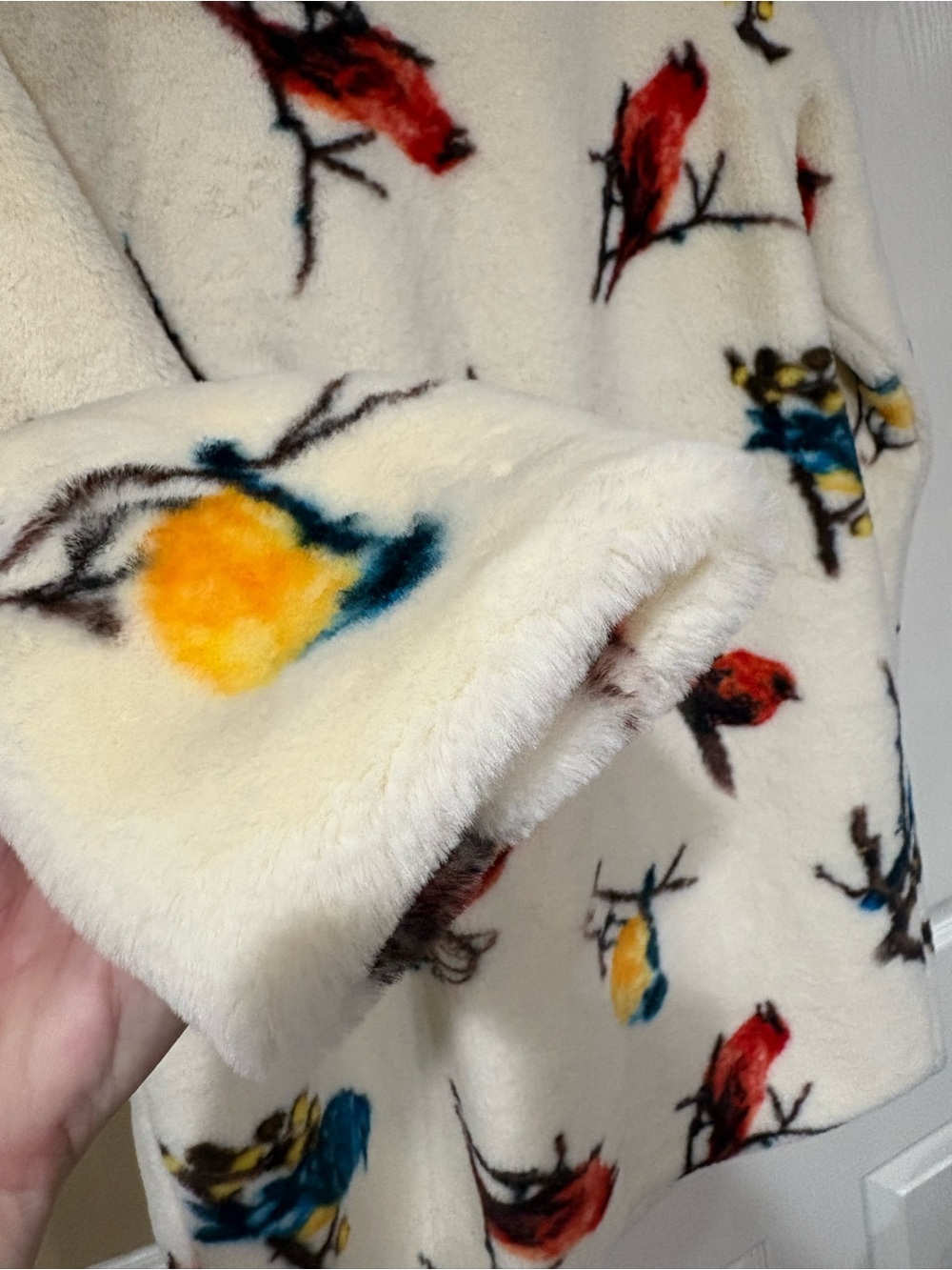 NWOT- Melody- Cream Faux-Fur Teddy Coat with Colorful Bird Motif - Picture 3 of 4